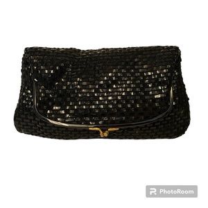 COBLENTZ ORIGINAL VINTAGE BAG CLUTCH BLACK PERMAPLASTIC WOVEN HINGE KISS LOCK